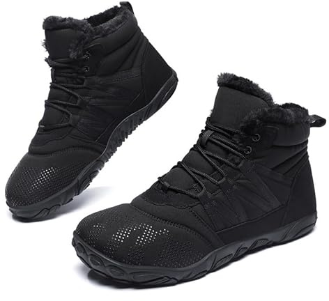 Barfußschuhe Winterstiefel Damen Herren Winter Warm Gefüttert Winterschuhe Schneestiefel Outdoor Barfuss Schuhe Männer Traillaufschuhe Leicht Rutschfest Fitnessschuhe Wanderschuhe Unisex Schwarz EU45
