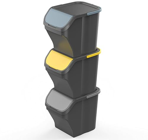 eacommerce - Pattumiera Contenitore 25L | Raccolta Differenziata | Bidone Modulare con Maniglia (Kit 3 Pezzi, Corpo Nero)