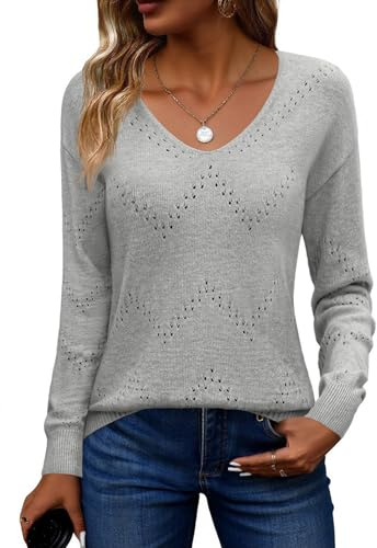 Zeagoo Damen Pullover Langarm Sweater V-Ausschnitt Strickpullover Elegant Pulli Loose Häkelpullover Oberteil für Herbst Winter Hellgrau L