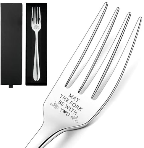 GLOBLELAND Fourchette en Acier Inoxydable Gravée May The Fork Be With You avec Boîte Cadeau Fourchette à Dîner Amusante Fourchette à Dessert pour Amis Familles Noël Thanksgiving de Mariage