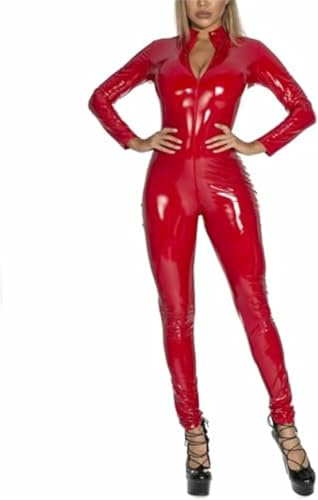 FOCICE Women's Wetlook Jumpsuit PU Leather Pantsuit Overall Slim Fit Catsuits Long Sleeve Front Zipper Jumpsuits Erotic Nightwear Club Costume (Red, L)