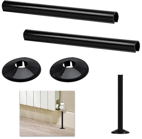 2 Pack Black Radiator Pipe Covers, 15mm x 200mm Matt Radiator Pipe Covers and Collars, Durable Polypropylene Construction, Easy Installation, Perfect for Concealing Pipes and Professional Finishing