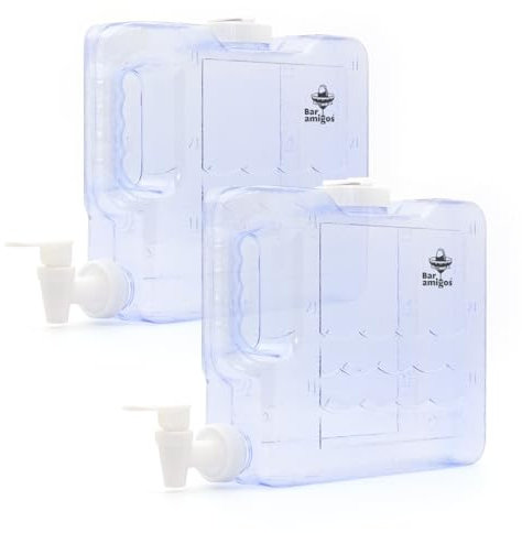 Bar Amigos Double Pack of 2 Slim Fridge Water Dispenser 3L with Tap Plastic PETG Travel Desktop Container Beverage Tank Drink Refillable Shelf Office Camping Juice Drinks Holds 3 litres (2 Pcs)
