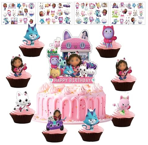 25 Stück Cake Topper Set + 4 Blätter Temporäre Tattoos für Kinder, Kuchen Deko, Muffin Deko, Cupcake Topper Deko, Kindergeburtstag Party Geburtstag Deko