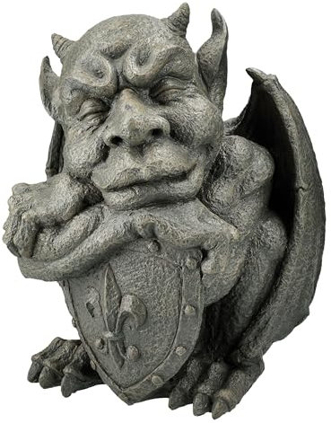 Figuren Shop GmbH Gargouille de jardin avec bouclier - Statue fantastique mystique - Sculpture de gardien 32,5 cm