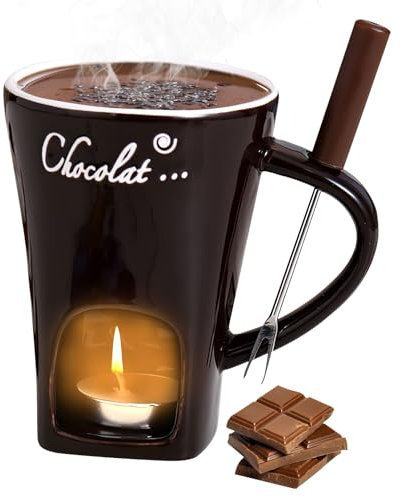 FZQBEY Schokofondue Tasse, 200ml Keramik Schokoladenfondue Set, Fondueset Schokofondue Fondue Schokolade Schokoladenfondue, Fondue Set Mit Gabel Und Teelicht für Käse Schokolade Butter Karamell (B)
