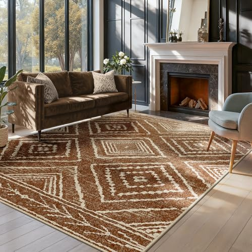 DEFYNEE Teppich Wohnzimmer 150 x 210 cm, Waschbare Teppiche Groß, Gelbbraun | Vintage Wohnzimmerteppich, Waschbar, OEKO, Retro, Rutschfest Kurzflor Weich für Schlafzimmer, Esszimmer, Küche, Büro