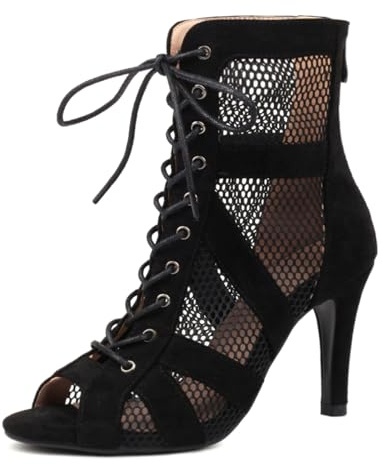 Damen Gladiator Sandalen Atmungsaktiv Dance Heels Strappy Peep Toe Schnüren Zipper Burju Dance Heels Class Schuhe Stiletto Wildleder Black Size 37