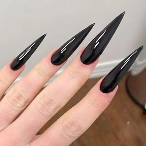 Black Press On Nails - LongMedium Length Almond False Nails Pure Black -Solid Colour Stiletto Fake Nails With Glue - Goth Full Cover Acrylic Stick On nails For Women Daily DIY Nails Art Gift