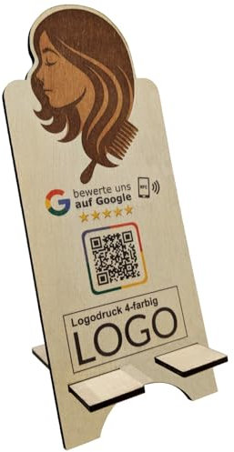 bilberry Google Bewertung Aufsteller Friseur – Holzständer mit QR-Code & NFC Chip | Kundenbewertungen leicht gemacht | Friseursalon Deko mit Damen-Kontur | Bewertungskarte zum Aufstellen