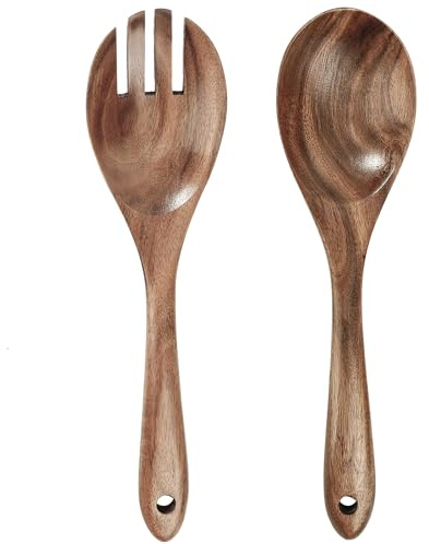 Cubiertos de Ensalada Madera, 2 Pcs Grandes Pinzas Mango Largo Tenedores de Cuchara Reutilizables Utensilios de Cocina Tenedor para Sartenes Antiadherentes, Servir Pasta, Fruta