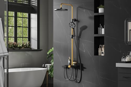 Duschsystem ohne Armatur, Edelstahl Regendusche Mit Duschkopf, Chrom Duschstange mit Ablage, Duschsäule & Handbrause Duschkopf, für Maximale Entspannung, Kopfbrause Rund 25cm - Schwarz-Gold