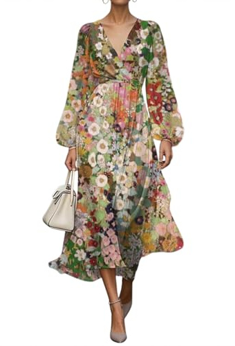 shownicer Vestito Donna Elegante Abito Cerimonia Vestito Lungo Stampa Floreale Manica Lunga Vestiti Curvy Autunno A Multicolore L