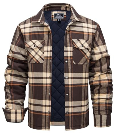 KEFITEVD Holzfäller Jacke Herren Baumwolle Kariert Hemd Arbeitsjacke mit Brusttasche Winter Langarm Hemdjacken Braun L
