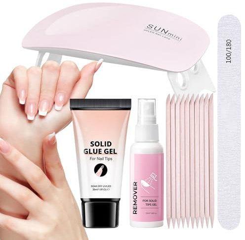 Xijobido Colla E Solvente Per Unghie Finte,Set di Rimozione per French Tips | Kit Nail Design Multiuso con Luce UV per Sposa Viaggio Donne Halloween Natale Matrimonio Estetiste