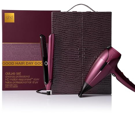 ghd Limited Edition Deluxe presentset i Cherry Chic: plattång & hårtork i exklusivt Vanity Case, för alla hårtyper, för slätt, vågigt eller lockigt hår; körsbärsröd