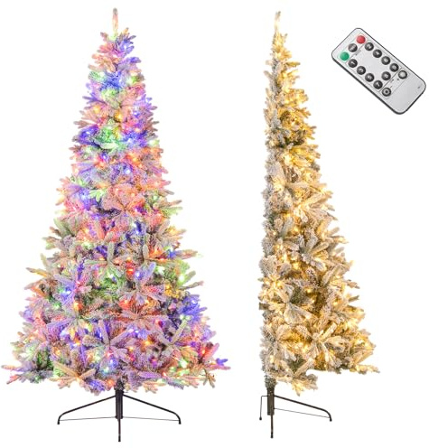 GYMAX 180cm Demi Sapin de Noël Artificiel Lumineux, 180 Lumières LED Blanc Chaud & Multicolores, Télécommande pour 9 Modes d'Éclairage et Minuterie, 652 Branches Floquées de Neige, Décoration Festive