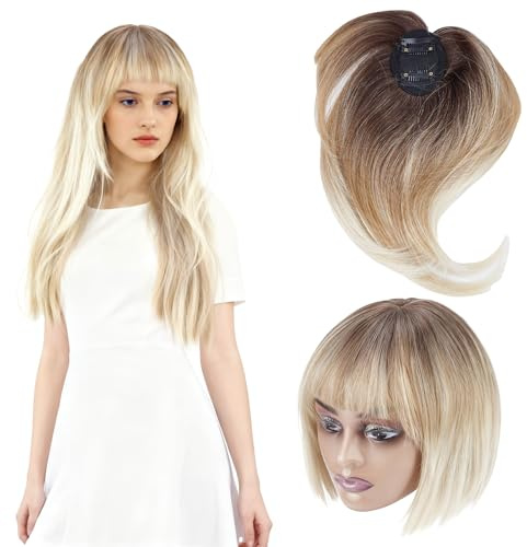 NICENEEDED Clip para el Cabello con Flequillo, 360° Toppers de Pelo Cover para Mujer, Extensiones de Cabello Liso para Uso Diario de Mujer