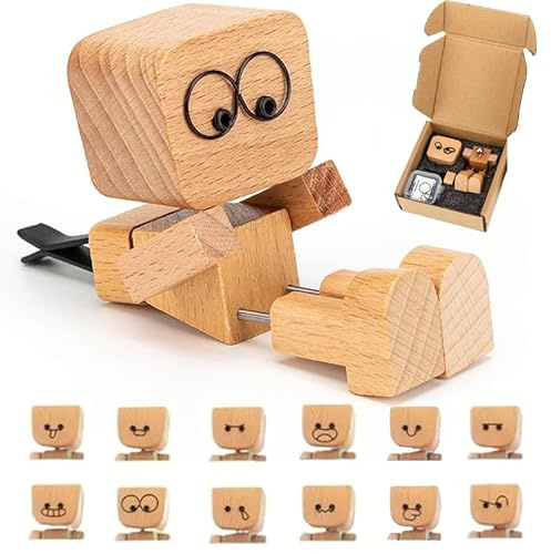 Wackelfigur Auto Wackelnder Holzman - Holzfigur WackelfüßE, Holz Wackelfigur - WackelmäNnchen Holz Mit 12 Magnetischen GesichtsausdrüCken (1 quadratischer Holzmann (+12 magnetische Ausdrucke))