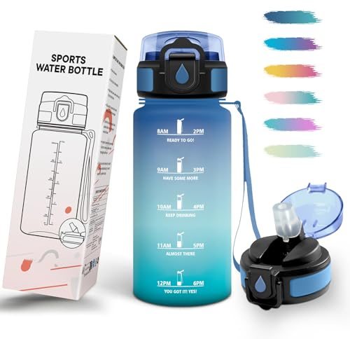 Mulbijeo Trinkflasche, Zeitanreiz, Trinkflasche Kinder 500ML BPA-Frei, Wasserflasche Kohlensäure Geeignet, Wasserflasche mit Strohhalm, Auslaufsicher, Flasche für Joggen, Schule, Büro, Party