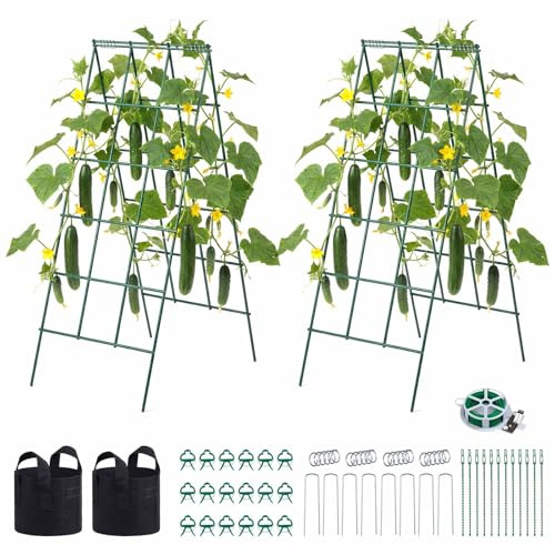 VEVOR Treillis à Concombres en Forme A Treillis de Jardin Métal Support Plante Grimpante Extérieur pour Plates-Bandes Surélevées, Pois, Haricots, Courgettes, Tomates, Fleurs, avec 4 Grilles 117x46 cm