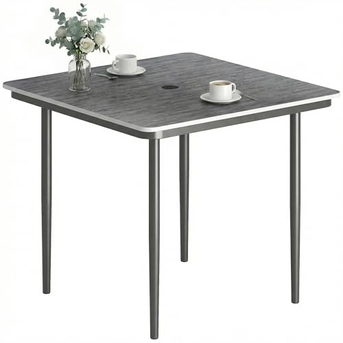 Outsunny Garden Dining Table for 4 Person Outdoor, 85 cm Square, Dark Grey | Outdoor Garden Table, Umbrella Hole, Faux Wood WPC Top, Metal Legs, All Weather, Patio Balcony Porch Terrace