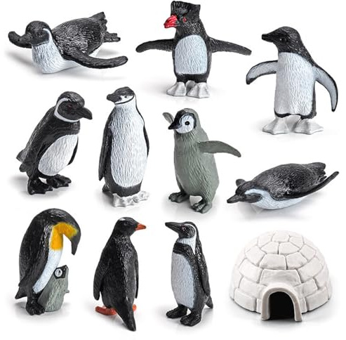 Jorzer Mini-Pinguin-Spielzeug-Set, Eishaus-Spielzeug, Kunststoff-Tierfiguren-Spielset, 11-teiliges realistisches, lebensechtes, lebensechtes Miniatur-Pinguin-Figurenmodell für Kinder.