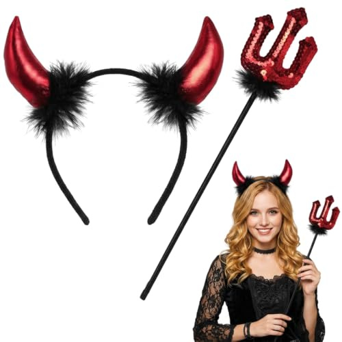 YFHUVB Devil Horns Headband, Red Devil Horns, Devil Pitchfork Set | Complete Halloween Costume Set, Cosplay Devil Accessories, Themed Party Devil Ears, Carnival Costume Kit