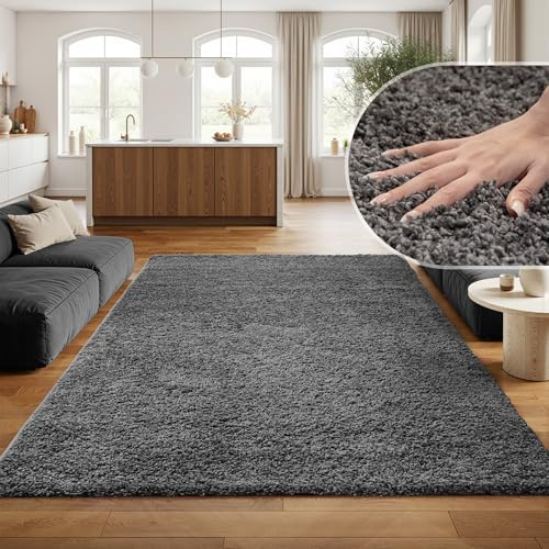 SIMPEX Flauschiger Teppich Wohnzimmer Schlafzimmer Läufer Flur Esszimmer Küchenteppich Hochflor Einfarbig Modernes Design 30 mm Florhöhe Kuschelweich, Grau, 300 x 400 cm