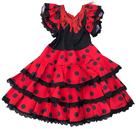 La Senorita Spansk Flamenco-klänning – flickor/barn – röd/svart Niño Deluxe (storlek 8 – längd 80 cm 6–7 år)