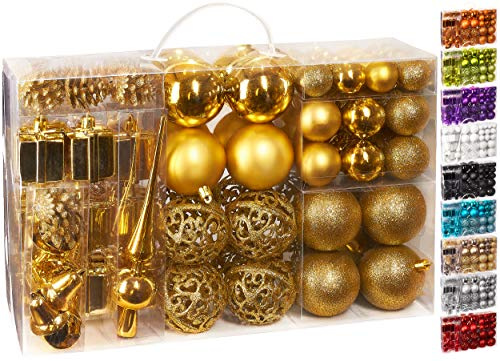 BRUBAKER 101-teiliges Set Weihnachtskugeln mit Baumspitze Gold | Christbaumschmuck für den Weihnachtsbaum