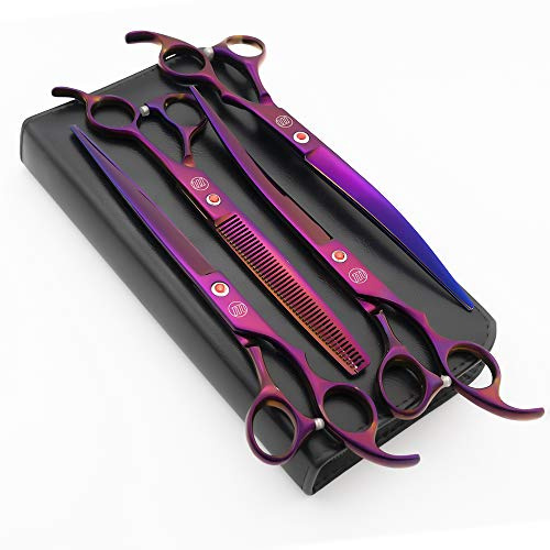 Moontay Professional - Set di 4 forbici per toelettatura del cane, dritte, curve verso l'alto, curve verso il basso, per sfoltire e miscelare le forbici per cani, 8.0 inches, Raissa metallizzate