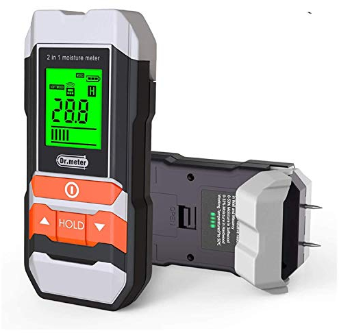 Dr.meter Feuchtigkeitsmessgerät Wände, 2 in 1 Zerstörungsfreie Messung Feuchtigkeitsmessgerät mit LCD-Display und Batterien 4 Modi Hörbarer Feuchtigkeitsmesser für Gips, Beton, Wände, Holz