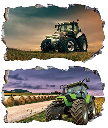 2Pcs Wandtattoo Traktor Trecker 3D Effekt XXL Farm Feld Landwirtschaft Wandaufkleber Fenster Selbstklebend für Junge Kinderzimmer Groß 1000mmx600mm