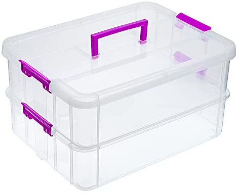 JUXYES 2-Tiers Stack Carry Storage Box With Handle, Transparent Stackable Storage Bin With Handle Lid Latching Storage Container for School & Office Supplies