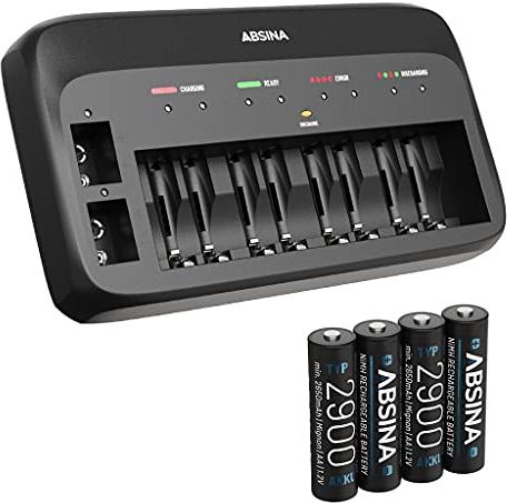 ABSINA Caricabatterie pile ricaricabili AA AAA e 9V + 4x AA 2900 Pile - Caricabatterie NiMH 10 Slot per batterie ricaricabili - Carica pile ricaricabili AAA AA e 9V - Caricabatterie AA AAA