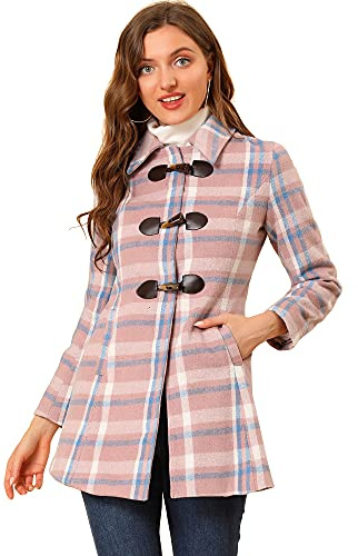 Allegra K Women's Christmas Toggle Outerwear Turn Down Collar Winter Plaid Duffle Coat X-Small Pink Blue