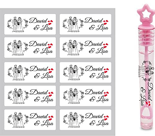 100 etichette trasparenti personalizzate, fatte a mano, per feste, matrimoni, bomboniere, regali personalizzati, bottiglie d'acqua, bottiglia di sapone a bolle, mini bacchette a forma di cuore (2,7 cm