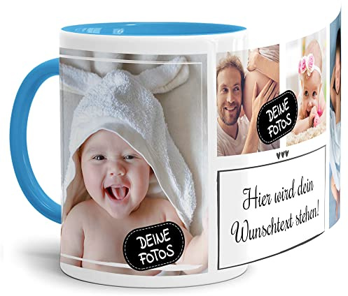 Foto-Tasse selbst gestalten mit Text & Collage für 4 Fotos - Geschenk für Familie, Freunde, Geburtstag, Weihnachten - Keramik Innen & Henkel Hellblau, 300 ml I Personalisiert