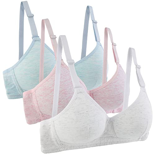Yintry Cotton Teen Girl’s Sport Bra with Adjustable Detachable Strap Wire Free Training Bralette 3 Pack A-Cup