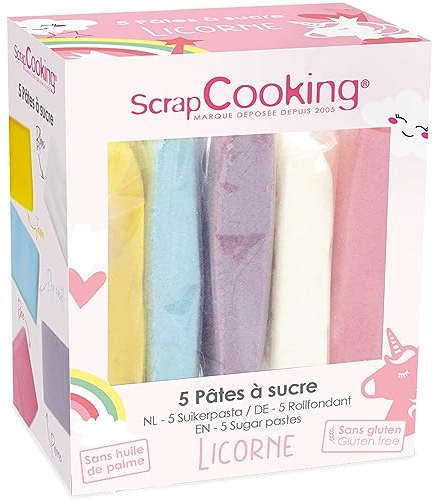 ScrapCooking 7254 - Pasta di zucchero a forma di unicorno, giallo, blu pastello, parma, bianco, rosa, 5 x 80 g