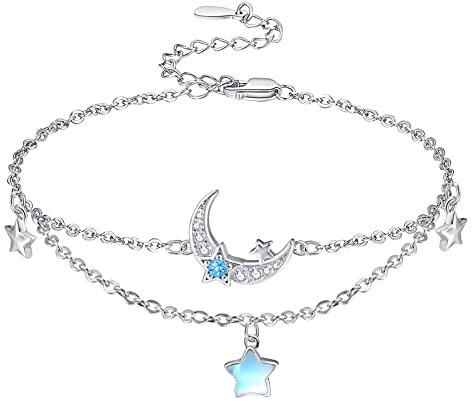 KINGWHYTE Mondstein Armband 925 Sterling Silber Mond und Stern Planet Armbänder Verstellbares Mondstein Armkette Geschichtete Schmuck Geschenk für Weihnachten Valentinstag
