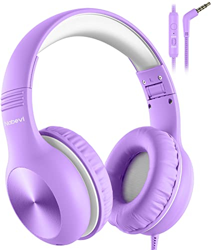Nabevi Casque Audio Enfant, Casque Audio Enfant Filaire avec Microphone, 85/94dB Limite de Volume, Qualité Sonore HD, Fonction de Partage, Casque Enfant Pliable pour École/Voyage/PC/Téléphone, Violet