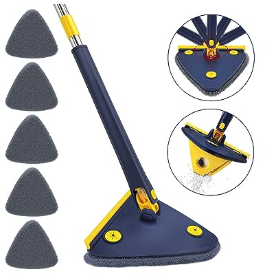 Mocio di pulizia regolabile girevole a 360°, nuovo mocio triangolare migliorato con funzione automatica di spremitura dell'acqua, mocio telescopico per pavimenti e finestre di casa (blu, con 5 teste