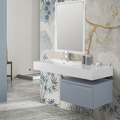 Inbagno Mobile Bagno sospeso con lavabo 120, cassettiera 60 cm Blu Pastello Opaco Chiusura Soft-Close, lavabo sospeso a Sinistra in Resina e Specchio Reversibile retroilluminato LED 90 x 70 cm