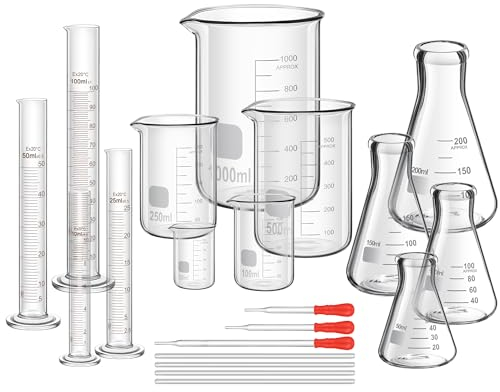 Frienda 20-teiliges Laborglas-Set mit 4 abgestuften Zylindern, 4 Glasbecher-Set, 3 Glaspipetten, 4 Rührstäbe, 5 Messbecher für Laborausrüstung, Wissenschaft, Chemie
