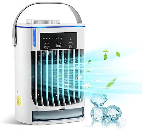 Enfriador De Aire Con RefrigeracióN Por Agua , 4 en 1 Enfriador De Aire Portatil , Mini Enfriador De Aire Acondicionado luz ambiental azul , 3 modos 3 velocidades para el hogar, dormitorio, oficina