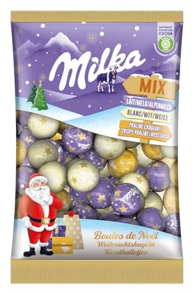 Milka Palle di Natale – Miscela con cioccolato al latte alpino e cioccolato bianco – 350g