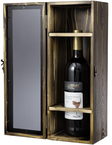 MyGift Wine Bottle Gift Box with Translucent Black Acrylic Window, Decorative Wine Holder Display, Whiskey Collector Storage Case with Metal Latch Closure, Rustic (Burnt Wood)