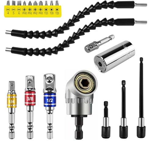 21 Stück Winkelaufsatz für Akkuschrauber Set,105° Winkelschrauber,1/4 Magnetische Bohrer Verlängerung, Stecknuss Adapter 1/4 3/8 1/2, Winkelgetriebe Akkuschrauber, für Bauarbeiter, Garage